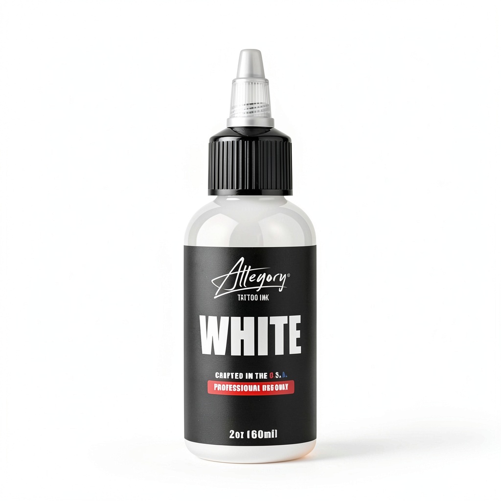 Allegory White Tattoo Ink 2oz Vegan Smooth bottle on a professional tattoo workstation
