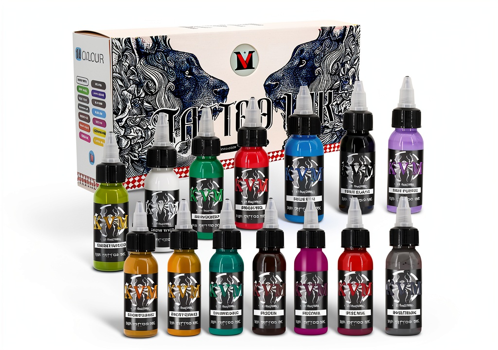 Tattoo artist preparing KVM ink bottles on a workstation