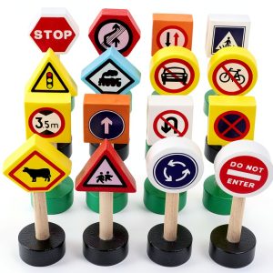 INOOMP Wooden Traffic Signs Set for Kids Educational Mini Road Signs-0