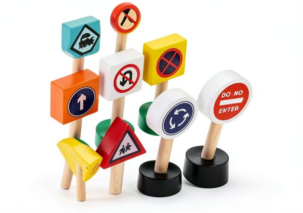 INOOMP Wooden Traffic Signs Set for Kids Educational Mini Road Signs-2