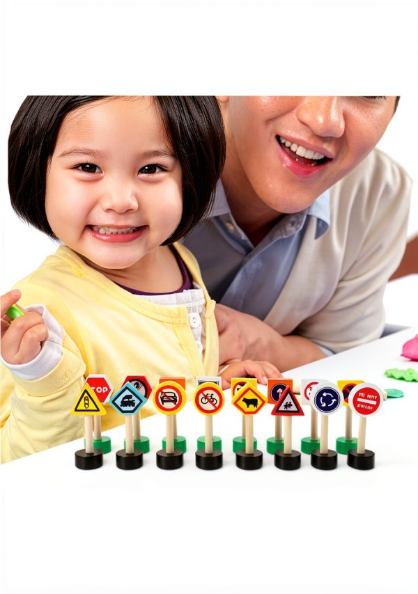 INOOMP Wooden Traffic Signs Set for Kids Educational Mini Road Signs-4