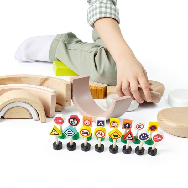 INOOMP Wooden Traffic Signs Set for Kids Educational Mini Road Signs-5