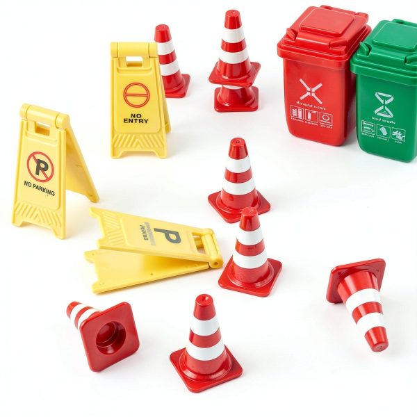 TOYANDONA Kids Traffic Sign Toy Set Plastic Road Signs Cones Trash Can-4