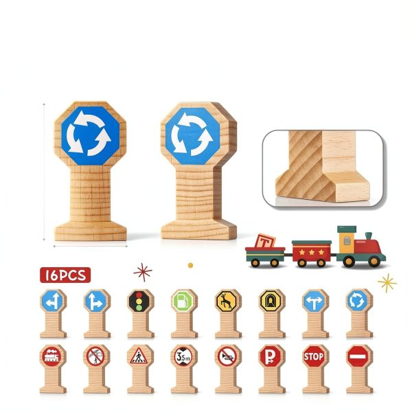 Kids Wooden Traffic Sign Playset 16 pcs Soulchen 2.2 Inch Road Signs-1