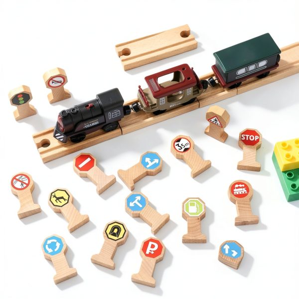 Kids Wooden Traffic Sign Playset 16 pcs Soulchen 2.2 Inch Road Signs-2